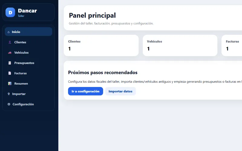 Panel de gestión del taller Dancar